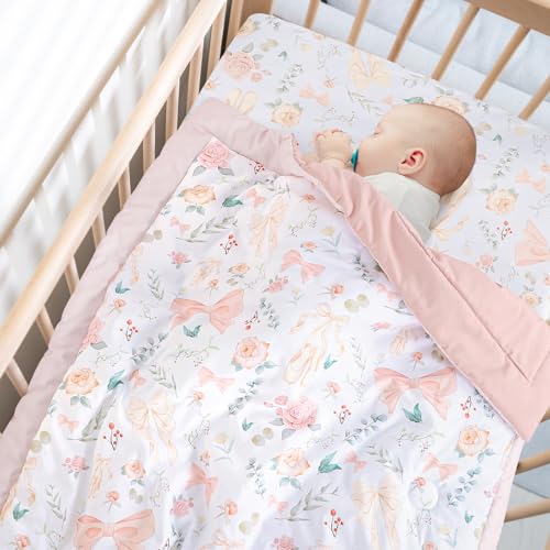 GFU Crib Bedding Set for Girls 4-Piece, Bow Baby Girl Crib Bedding Set Pink Flowes, Nursery Sets Includes Comforter, Fitted Crib Sheet, Crib Skirt, and Diaper Stacker - Image 2