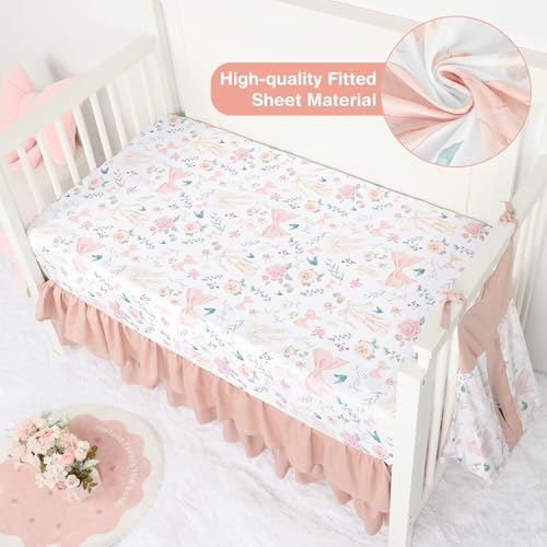 GFU Crib Bedding Set for Girls 4-Piece, Bow Baby Girl Crib Bedding Set Pink Flowes, Nursery Sets Includes Comforter, Fitted Crib Sheet, Crib Skirt, and Diaper Stacker - Image 5