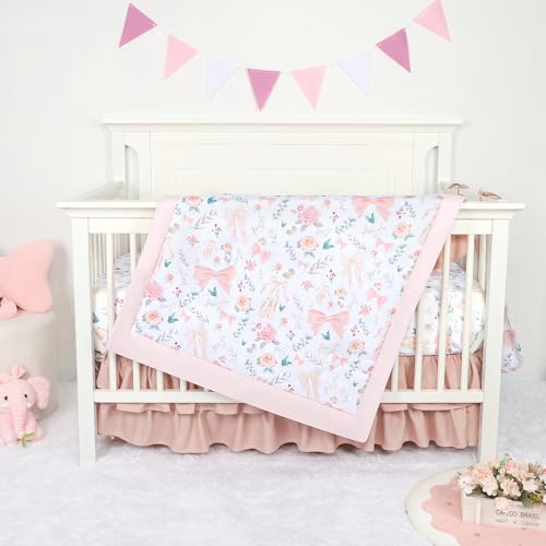 GFU Crib Bedding Set for Girls 4-Piece, Bow Baby Girl Crib Bedding Set Pink Flowes, Nursery Sets Includes Comforter, Fitted Crib Sheet, Crib Skirt, and Diaper Stacker - Image 1