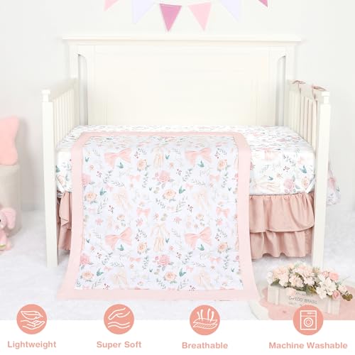 GFU Crib Bedding Set for Girls 4-Piece, Bow Baby Girl Crib Bedding Set Pink Flowes, Nursery Sets Includes Comforter, Fitted Crib Sheet, Crib Skirt, and Diaper Stacker - Image 4
