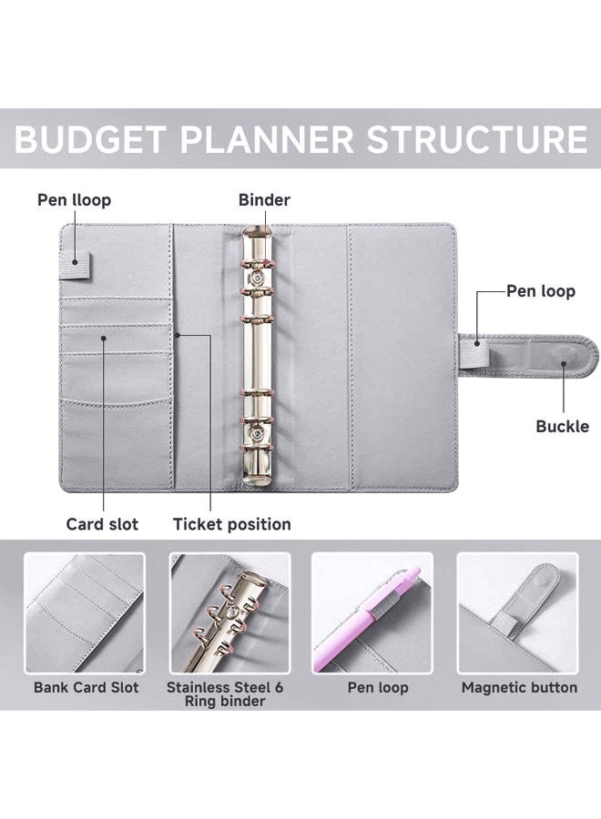 Budget Envelope,A6 Pu Leather Budget Binder, Cash Envelopes for Budgeting, Cash Envelopes Organizer Saving Money Planner Notebook With Clear Pockets Saving Binder,Grey - Image 4