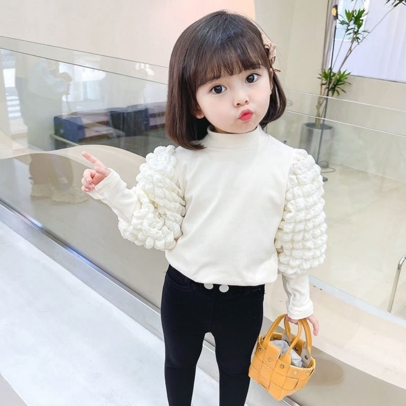 Girls' Base Layer Shirt 2025 Spring New White T-Shirt Top with Puff Sleeves, Round Neck, Medium and Large Children's Clothing, Stylish for Girls - Image 3