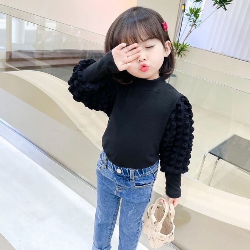 Girls' Base Layer Shirt 2025 Spring New White T-Shirt Top with Puff Sleeves, Round Neck, Medium and Large Children's Clothing, Stylish for Girls - Image 5