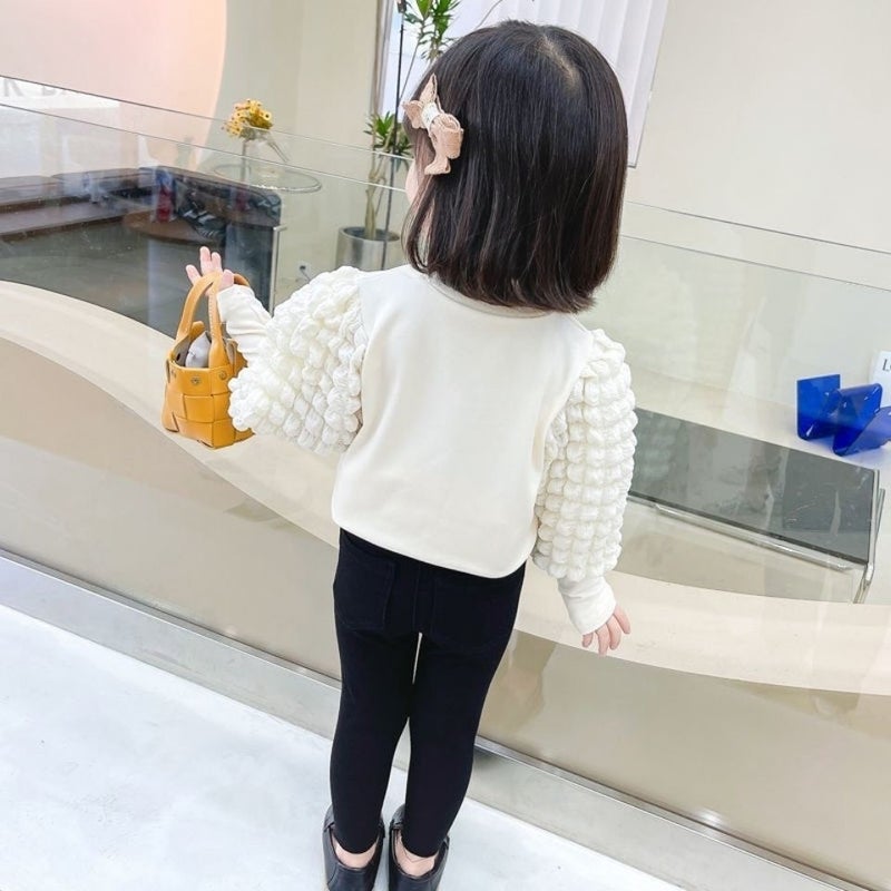 Girls' Base Layer Shirt 2025 Spring New White T-Shirt Top with Puff Sleeves, Round Neck, Medium and Large Children's Clothing, Stylish for Girls - Image 4