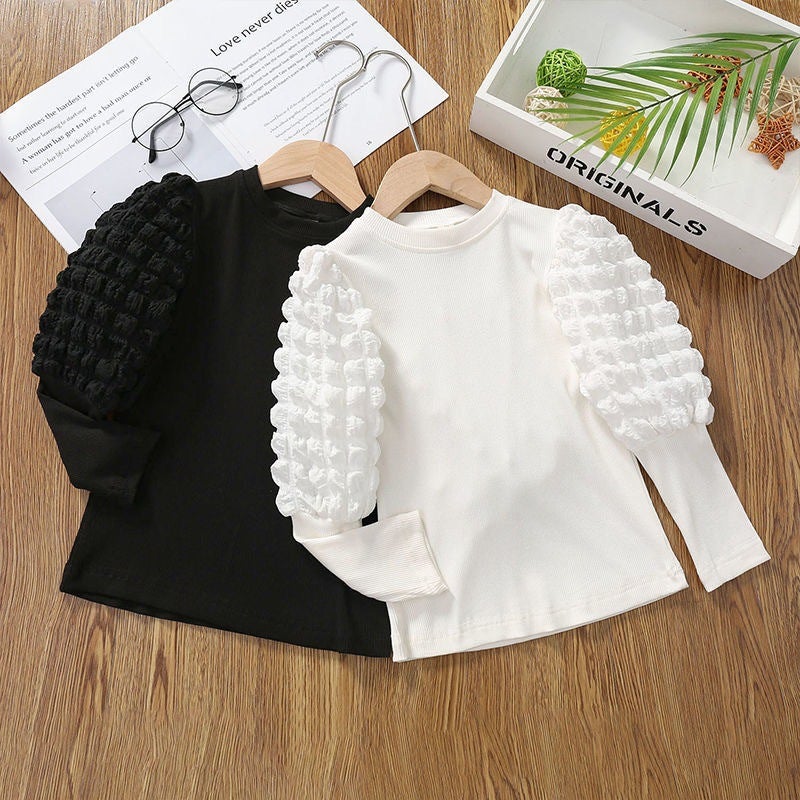 Girls' Base Layer Shirt 2025 Spring New White T-Shirt Top with Puff Sleeves, Round Neck, Medium and Large Children's Clothing, Stylish for Girls - Image 2