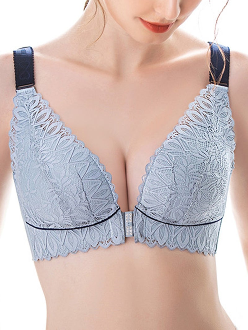 Wirefree Lace Bra: Light Blue 42B Nylon Spandex Blend - Soft Sponged 3/4 Cup Front Clip Closure Adjustable Shoulder Straps for Full-Figure Women - Image 1