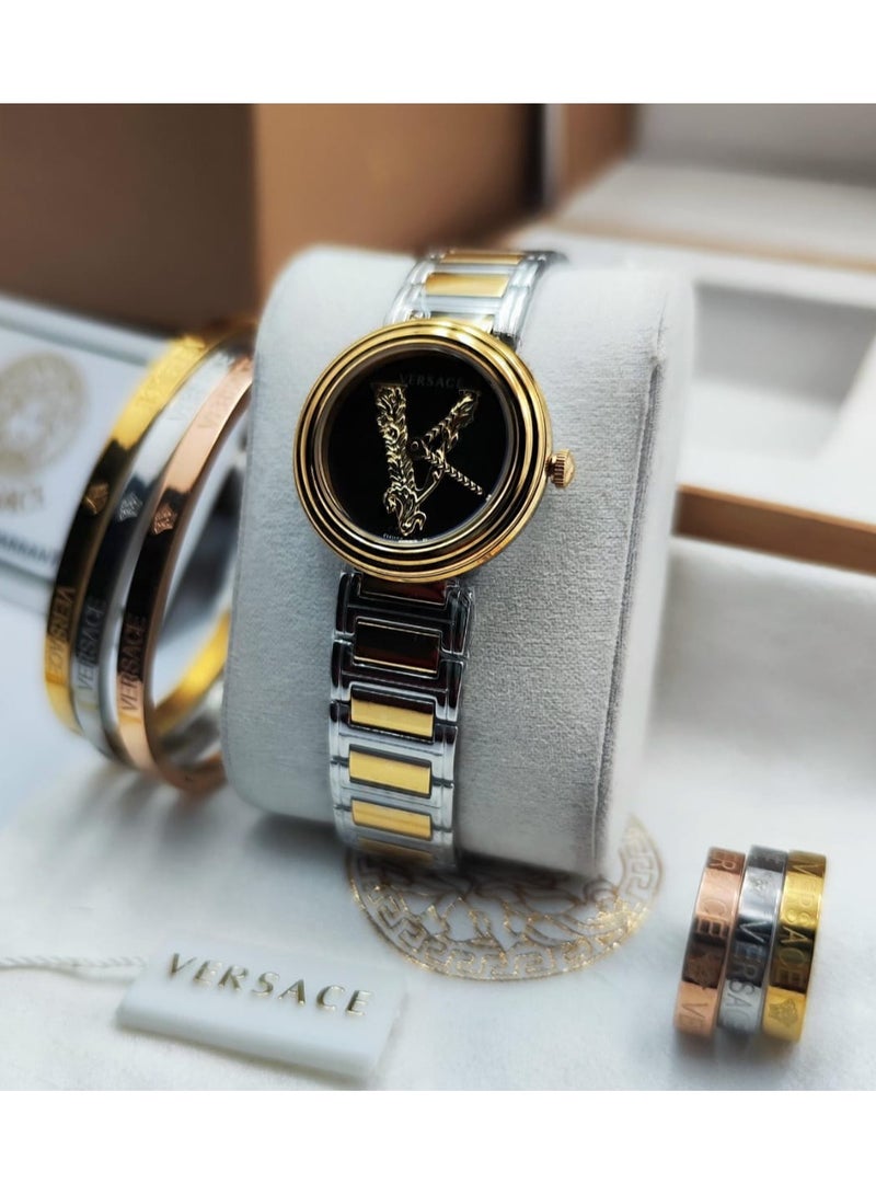 VS Versace women's watch set, 3 bracelets x 3 rings, stainless steel