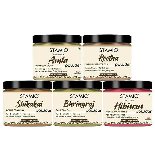STAMIO Hair Care 5 Products Combo 500gm - Amla Reetha Shikakai Bhringraj Hibiscus Powder for Pack, Wash, Mask, Shampoo, Dandruff, Cleanser | Natural Seedless Powders Kit | In Jar 100 gm X 5 - Image 1