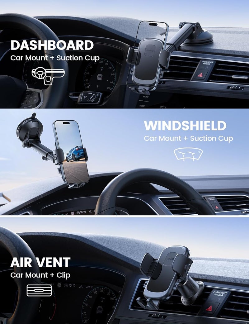 Lamicall Phone Mount for Car [3-in-1 Military-Grade Suction Cup] 360° Rotation Phone Holders for Your Car [Metal Hook] Cell Phone Car Mount Dashboard Vent Windshield - Image 2