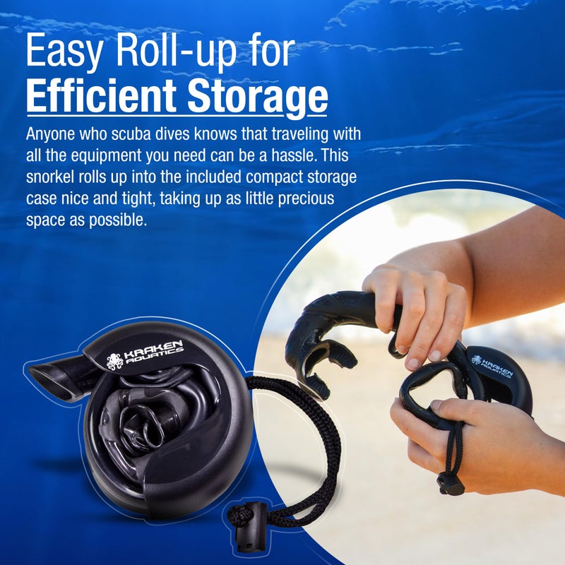 Kraken Aquatics Kraken Aquatics Freediving Snorkel | Flexible Roll Up Snorkel with Compact Storage Case for Scuba Diving, Spearfishing and Snorkeling (Black)  - Image 5
