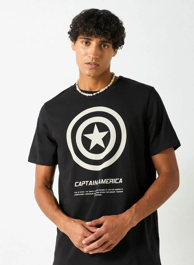 Captain America Print Crew Neck T-shirt with Short Sleeves