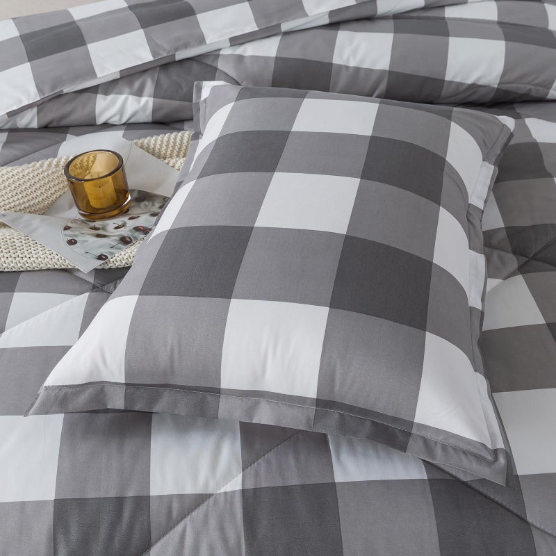 Caressma Plaid Comforter Set Twin White Gray Buffalo Check Plaid Comforter Bedding for All Seasons Farmhouse Classic Gingham Pattern Print Soft Microfiber Comfort - Image 5