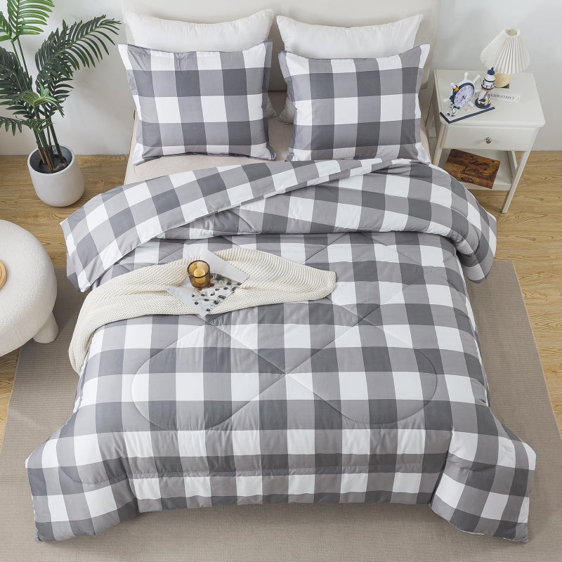 Caressma Plaid Comforter Set Twin White Gray Buffalo Check Plaid Comforter Bedding for All Seasons Farmhouse Classic Gingham Pattern Print Soft Microfiber Comfort - Image 3