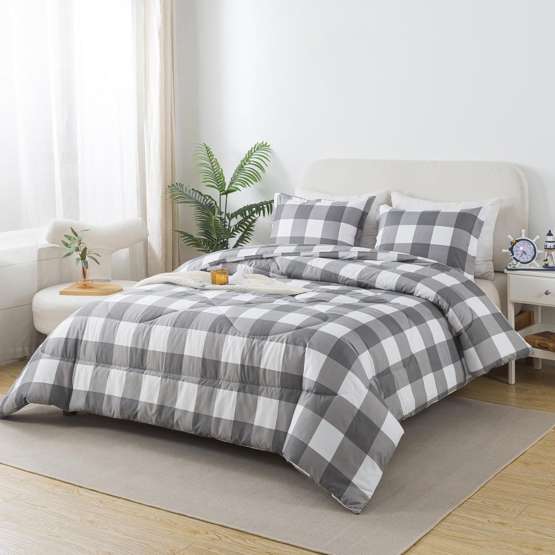 Caressma Plaid Comforter Set Twin White Gray Buffalo Check Plaid Comforter Bedding for All Seasons Farmhouse Classic Gingham Pattern Print Soft Microfiber Comfort - Image 2