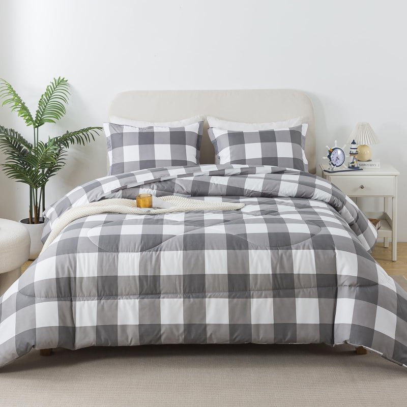Caressma Plaid Comforter Set Twin White Gray Buffalo Check Plaid Comforter Bedding for All Seasons Farmhouse Classic Gingham Pattern Print Soft Microfiber Comfort - Image 1