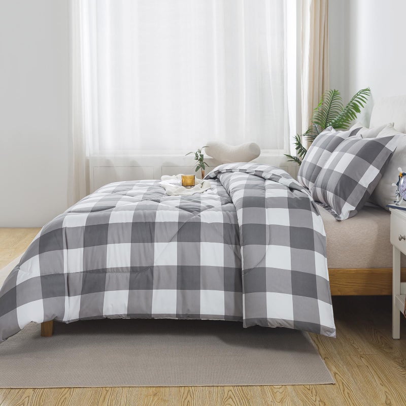 Caressma Plaid Comforter Set Twin White Gray Buffalo Check Plaid Comforter Bedding for All Seasons Farmhouse Classic Gingham Pattern Print Soft Microfiber Comfort - Image 4