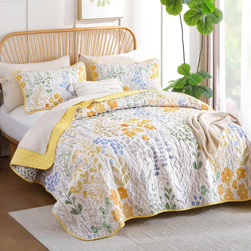 Xruibed Quilt Set Queen Size 3 Pieces Yellow Floral Quilt Sets Reversible Bedspreads Bedding Set Soft and Cozy Microfiber Lightweight Quilt Flower Plant Bed Coverlet Sets for All Season(Queen 96"x90") - Image 2
