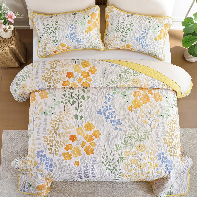 Xruibed Quilt Set Queen Size 3 Pieces Yellow Floral Quilt Sets Reversible Bedspreads Bedding Set Soft and Cozy Microfiber Lightweight Quilt Flower Plant Bed Coverlet Sets for All Season(Queen 96"x90") - Image 4