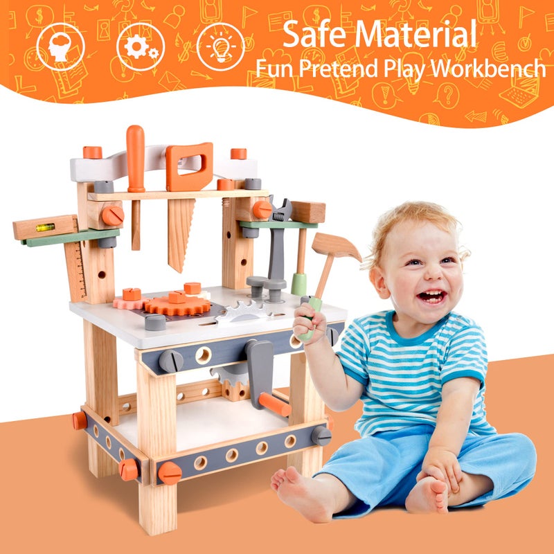 varbertos Wooden Tool Bench for Kids Toddlers Pretend Play Workbench Set Workshop Workbench Construction Toys Gift for 3 4 5 Years Old Girls  Boys - Image 3