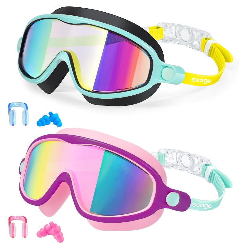 Seago Kids Goggles for Swimming 2 Pack No Leaking Anti-Fog Outer Eye Fit with Wide View UV Protection Crystal Clear Watertight Swim Goggles with nose cover Suitable for Children Youth Boys Girls Age 3 to 14 - Image 1