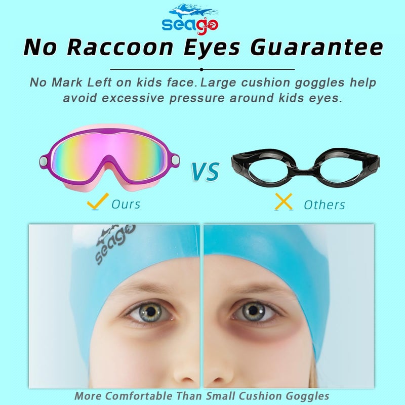 Seago Kids Goggles for Swimming 2 Pack No Leaking Anti-Fog Outer Eye Fit with Wide View UV Protection Crystal Clear Watertight Swim Goggles with nose cover Suitable for Children Youth Boys Girls Age 3 to 14 - Image 4