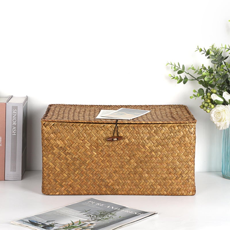Hipiwe Wicker Shelf Baskets Bin with Lid, Handwoven Seagrass Basket Storage Bins Rectangular Household Basket Boxes for Shelf Wardrobe Home Organizer, Caramel X-Large - Image 2
