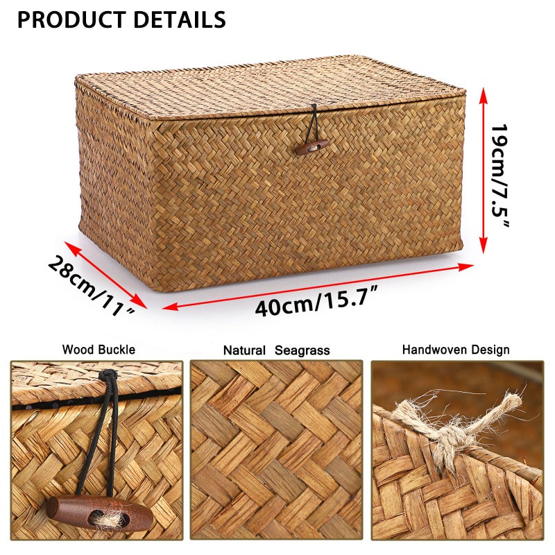 Hipiwe Wicker Shelf Baskets Bin with Lid, Handwoven Seagrass Basket Storage Bins Rectangular Household Basket Boxes for Shelf Wardrobe Home Organizer, Caramel X-Large - Image 5