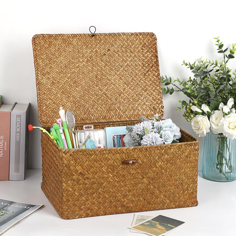 Hipiwe Wicker Shelf Baskets Bin with Lid, Handwoven Seagrass Basket Storage Bins Rectangular Household Basket Boxes for Shelf Wardrobe Home Organizer, Caramel X-Large - Image 4