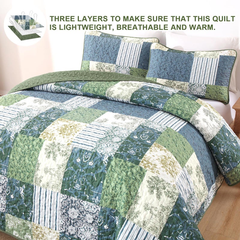 Drucon Green Patchwork King Size Quilt, Summer King Bedspreads Bedding Set, 3 Pieces Lightweight Soft Plaid Coverlet with 2 Pillow Shams for All Season 104x90 Inch - Image 4