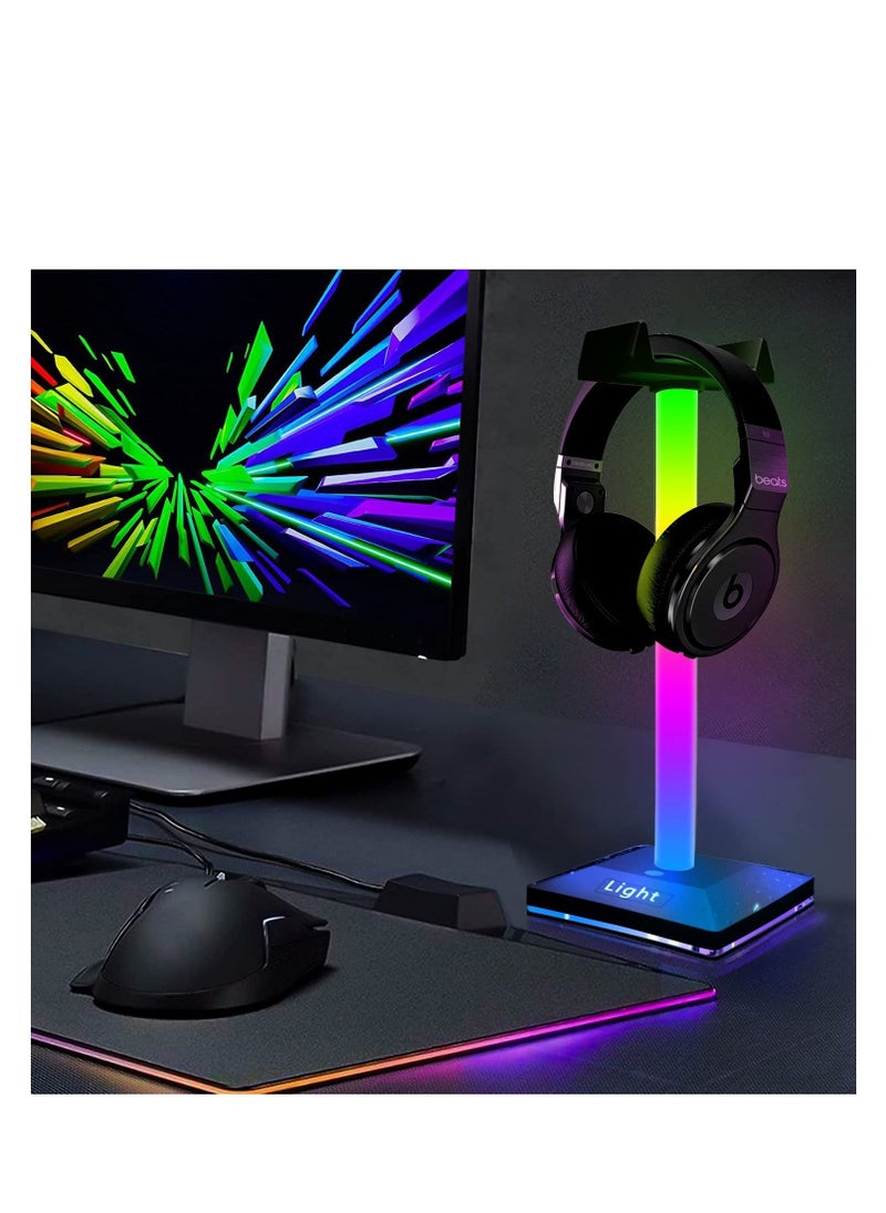حامل سماعة رأس RGB مع منفذ شاحن USB، حامل سماعة رأس للألعاب على المكتب، حامل سماعة رأس على قاعدة لألعاب الطاولة على سطح المكتب، ملحقات سماعة الرأس