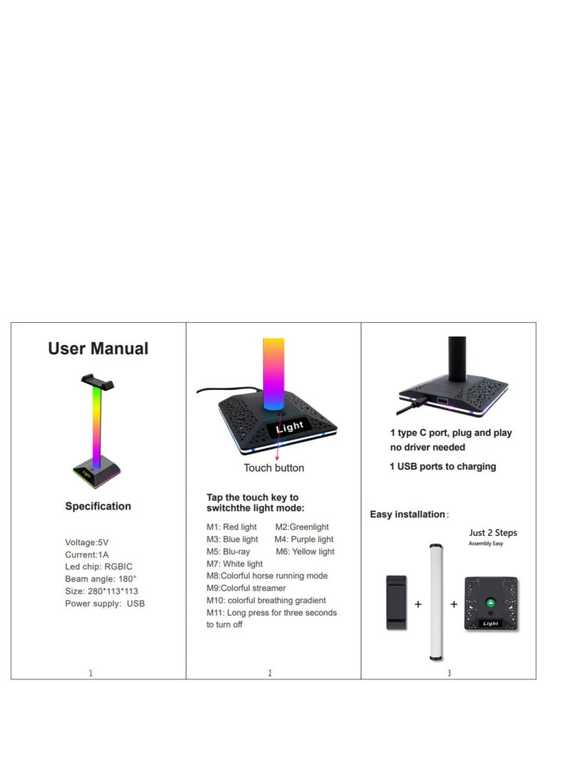 حامل سماعة رأس RGB مع منفذ شاحن USB، حامل سماعة رأس للألعاب على المكتب، حامل سماعة رأس على قاعدة لألعاب الطاولة على سطح المكتب، ملحقات سماعة الرأس