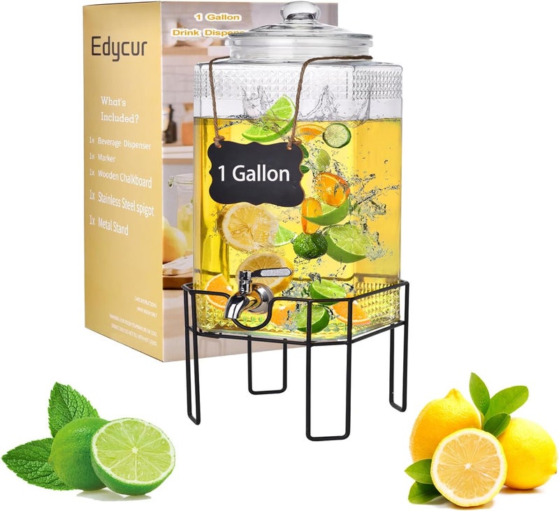 Edycur Drink Dispenser, Drink Dispensers for Parties, 1 Gallon Glass Beverage Dispenser with Stand and Glass Lid, 100% Leakproof Spigot, Ideal for Lemonade, Juice, Iced Tea, Laundry Detergent Dispenser - Image 1