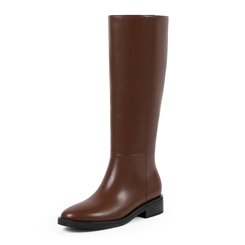 Modatope Brown Boots for Women Knee High Round Toe Chunky Low Flat Heel Side Zipper Fall Tall Knee High Boots Women Size 7 - Image 1