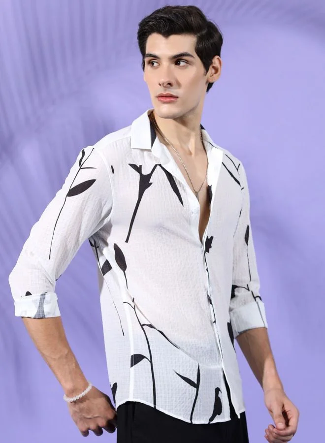 The Indian Garage Co Men Slim Fit Floral Printed Full Sleeves Cutaway Collar Resort Wear Shirt