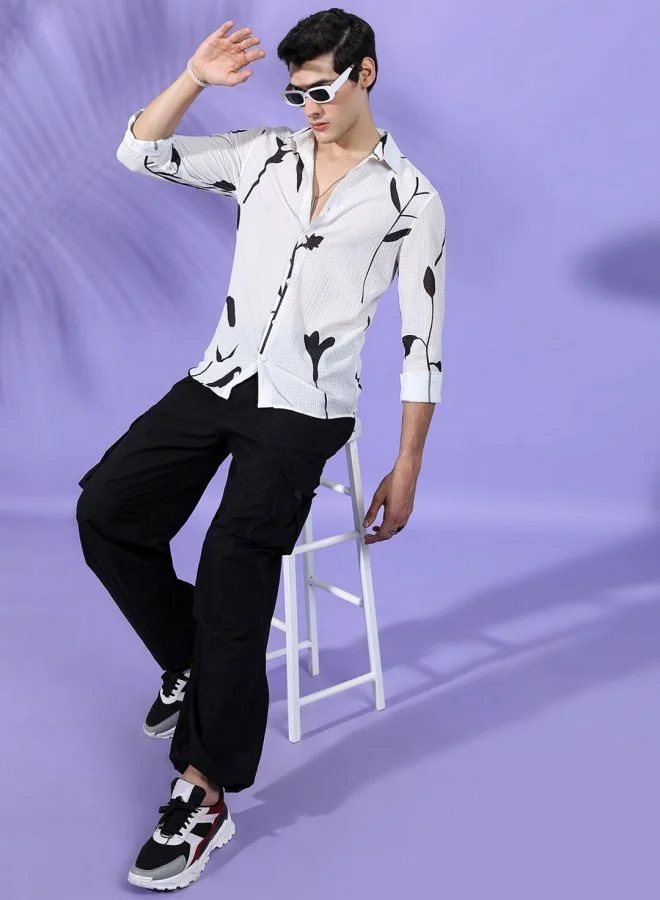 The Indian Garage Co Men Slim Fit Floral Printed Full Sleeves Cutaway Collar Resort Wear Shirt