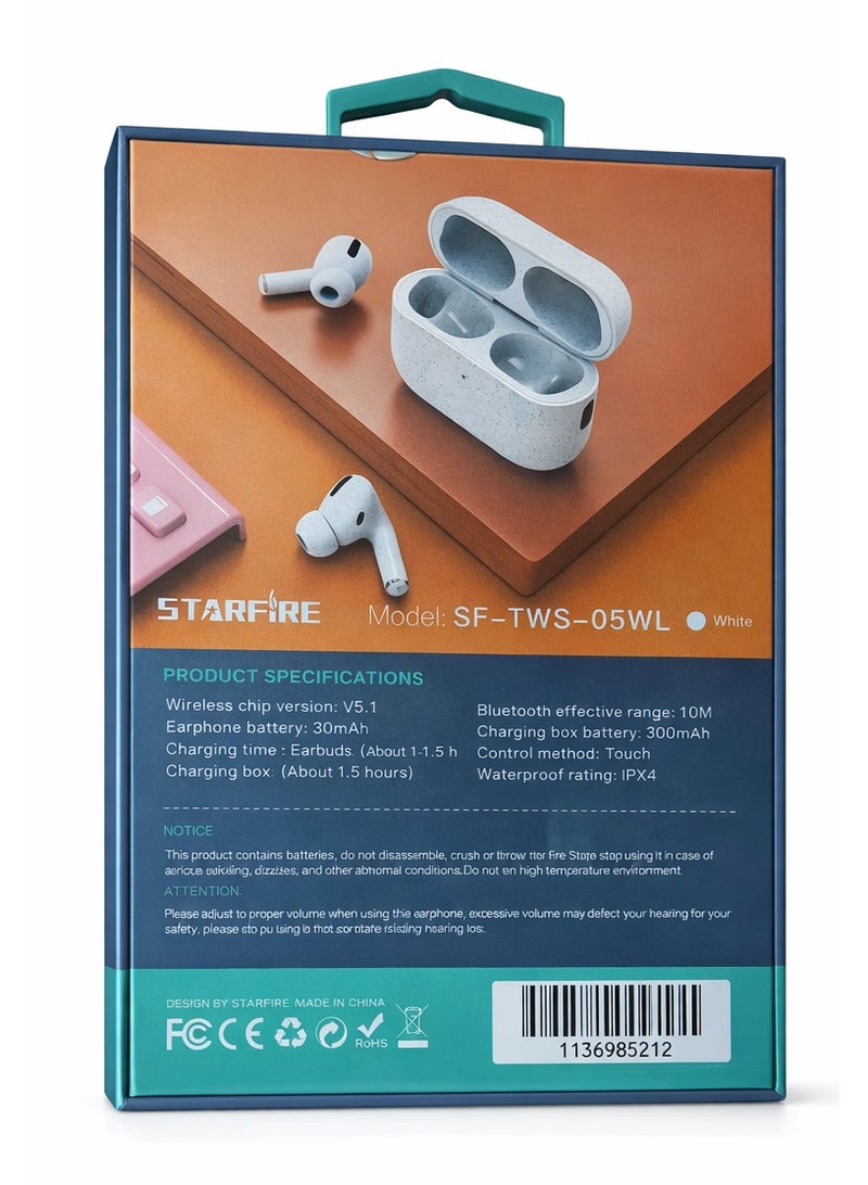 سماعات أذن ستارفاير لاسلكية بالكامل SF-TWS-05WL بتقنية بلوتوث V5.4 وتحكم باللمس ومقاومة للماء IPX4 لون أبيض - Image 2