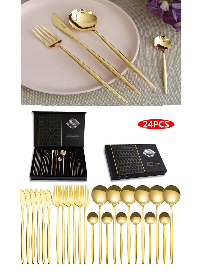 24-Piece Gold Stainless Steel Flatware Set – Spoons, Forks, and Knives for 6 – Elegant Gift Box - Image 1