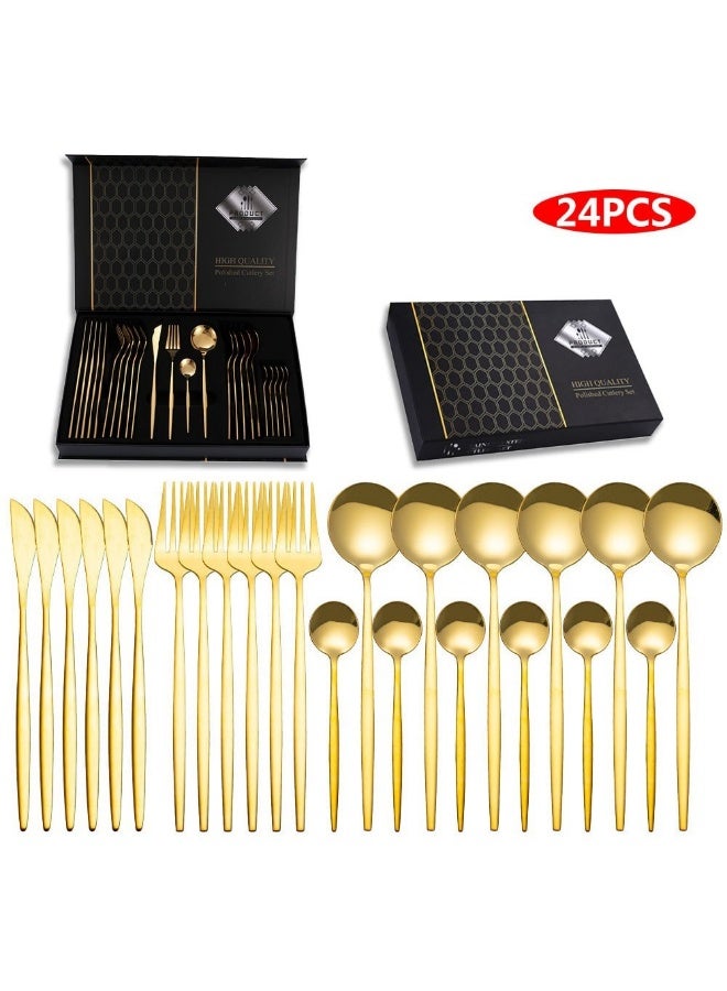 24-Piece Gold Stainless Steel Flatware Set – Spoons, Forks, and Knives for 6 – Elegant Gift Box - Image 3
