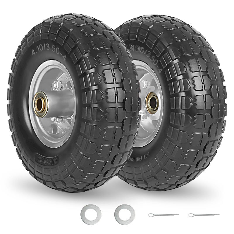 GICOOL 4.10/3.50-4" Flat Free Tire and Wheel, 10" Heavy Duty Solid Tire, 5/8" Axle Bore Hole, 2.2" Offset Hub, for Hand Truck Garden Cart Wagon Trolley Dolly, 2 Pack - Image 1