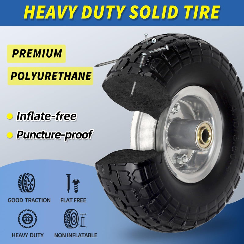GICOOL 4.10/3.50-4" Flat Free Tire and Wheel, 10" Heavy Duty Solid Tire, 5/8" Axle Bore Hole, 2.2" Offset Hub, for Hand Truck Garden Cart Wagon Trolley Dolly, 2 Pack - Image 3