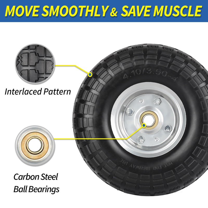 GICOOL 4.10/3.50-4" Flat Free Tire and Wheel, 10" Heavy Duty Solid Tire, 5/8" Axle Bore Hole, 2.2" Offset Hub, for Hand Truck Garden Cart Wagon Trolley Dolly, 2 Pack - Image 5