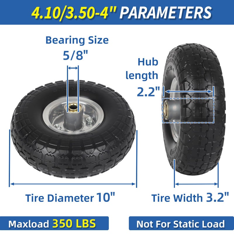 GICOOL 4.10/3.50-4" Flat Free Tire and Wheel, 10" Heavy Duty Solid Tire, 5/8" Axle Bore Hole, 2.2" Offset Hub, for Hand Truck Garden Cart Wagon Trolley Dolly, 2 Pack - Image 2