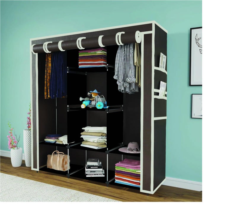 Whitecloud TRANSFORMING HOMES® Collapsible Wardrobe Portable Foldable Almira for Clothes 2 Hanging Space, 8 Shelves and 2 Side Pocket Non-Woven Fabric 90 GSM, Metal Rod (88230C-N) (Brown) - Image 1