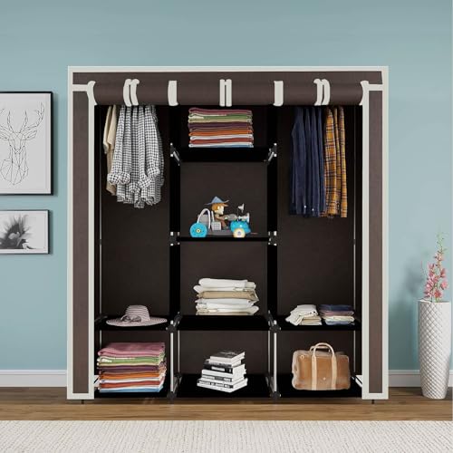 Whitecloud TRANSFORMING HOMES® Collapsible Wardrobe Portable Foldable Almira for Clothes 2 Hanging Space, 8 Shelves and 2 Side Pocket Non-Woven Fabric 90 GSM, Metal Rod (88230C-N) (Brown) - Image 2