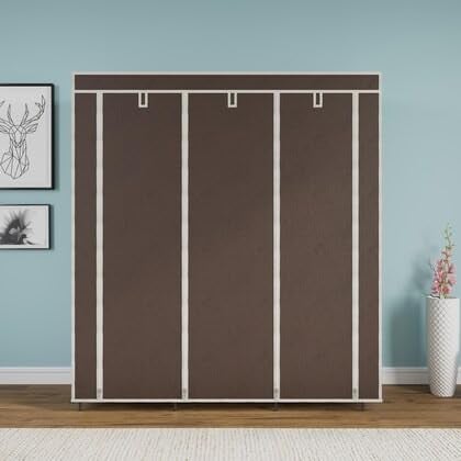Whitecloud TRANSFORMING HOMES® Collapsible Wardrobe Portable Foldable Almira for Clothes 2 Hanging Space, 8 Shelves and 2 Side Pocket Non-Woven Fabric 90 GSM, Metal Rod (88230C-N) (Brown) - Image 3