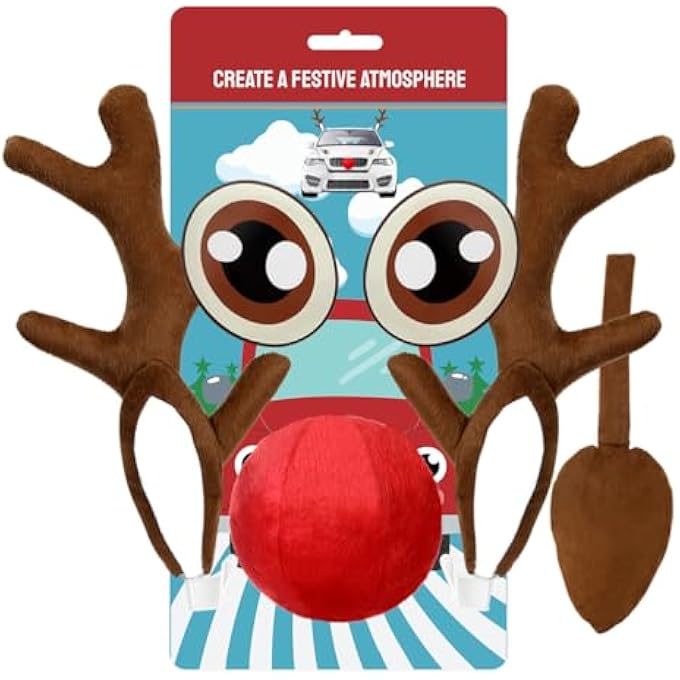 rayihni 2023 New Christmas Car Reindeer Antler with Ears - Cute Rudolph Reindeer and Red Nose Vehicle Decorations - Best Xmas Antler Decor for Car Window - Auto Holiday Accessories - Image 2