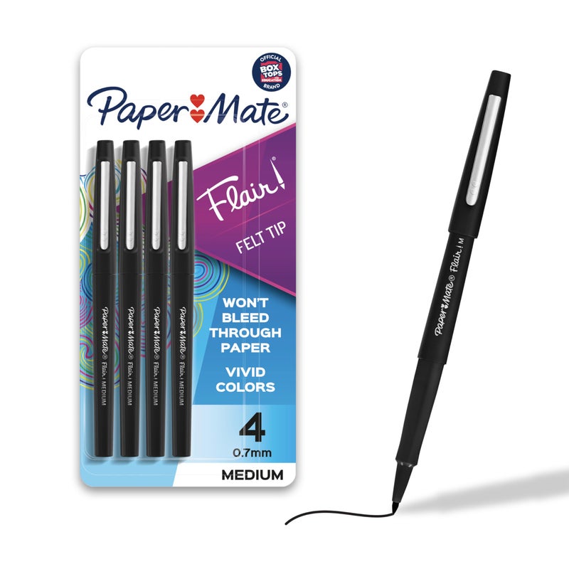 Paper Mate أقلام بيبر ميت فليير ذات رأس شعري، نقطة متوسطة (0.7 مم)، أسود، 4 قطع - Image 1