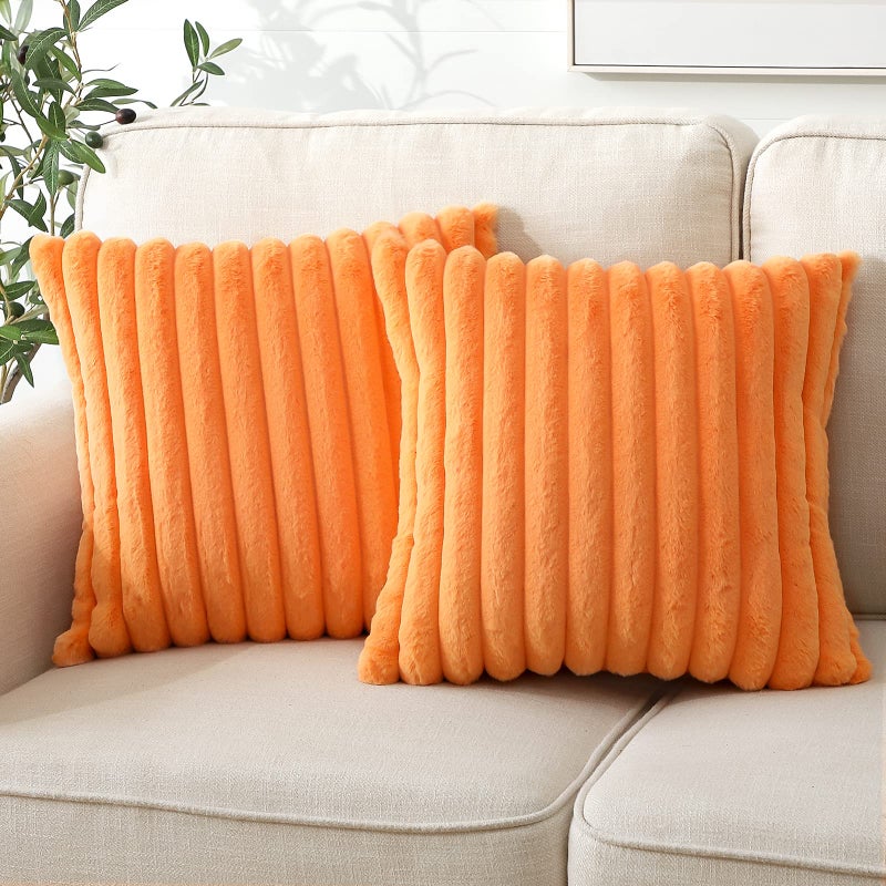 Soleebee Set of 2 Throw Pillow Covers Soft Cozy Velvet Pillowcase Faux Rabbit Fur Cover for Couch Sofa Bed Chair Home Decorative Pillows Cover (22x22 Inch  Orange) - Image 3