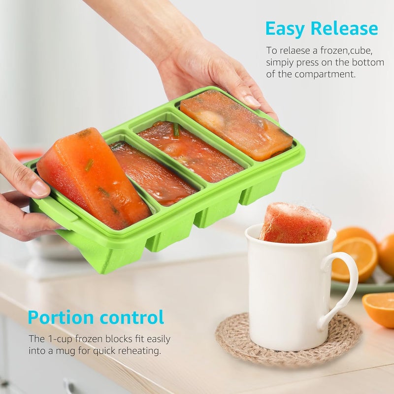 Ztomine Silicone Freezer Tray With Lid - Silicone Freezer Food Molds- Large Ice Cube Tray,Silicone Freezer Container,Freeze & Store Soup, Sauce, Broth,Leftovers - Makes 4 Perfect 1 Cup - Image 2