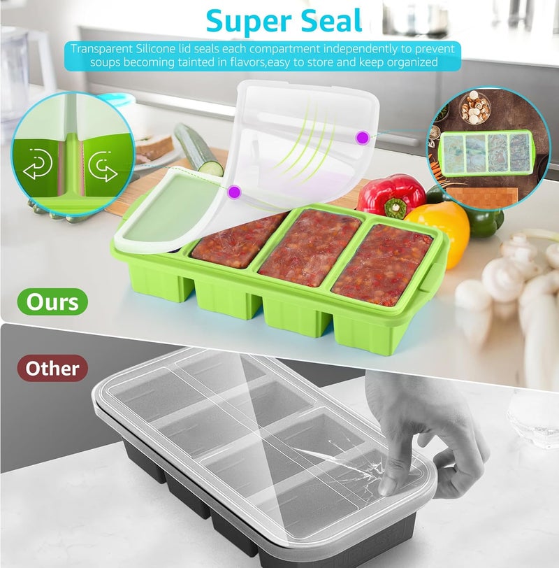 Ztomine Silicone Freezer Tray With Lid - Silicone Freezer Food Molds- Large Ice Cube Tray,Silicone Freezer Container,Freeze & Store Soup, Sauce, Broth,Leftovers - Makes 4 Perfect 1 Cup - Image 5